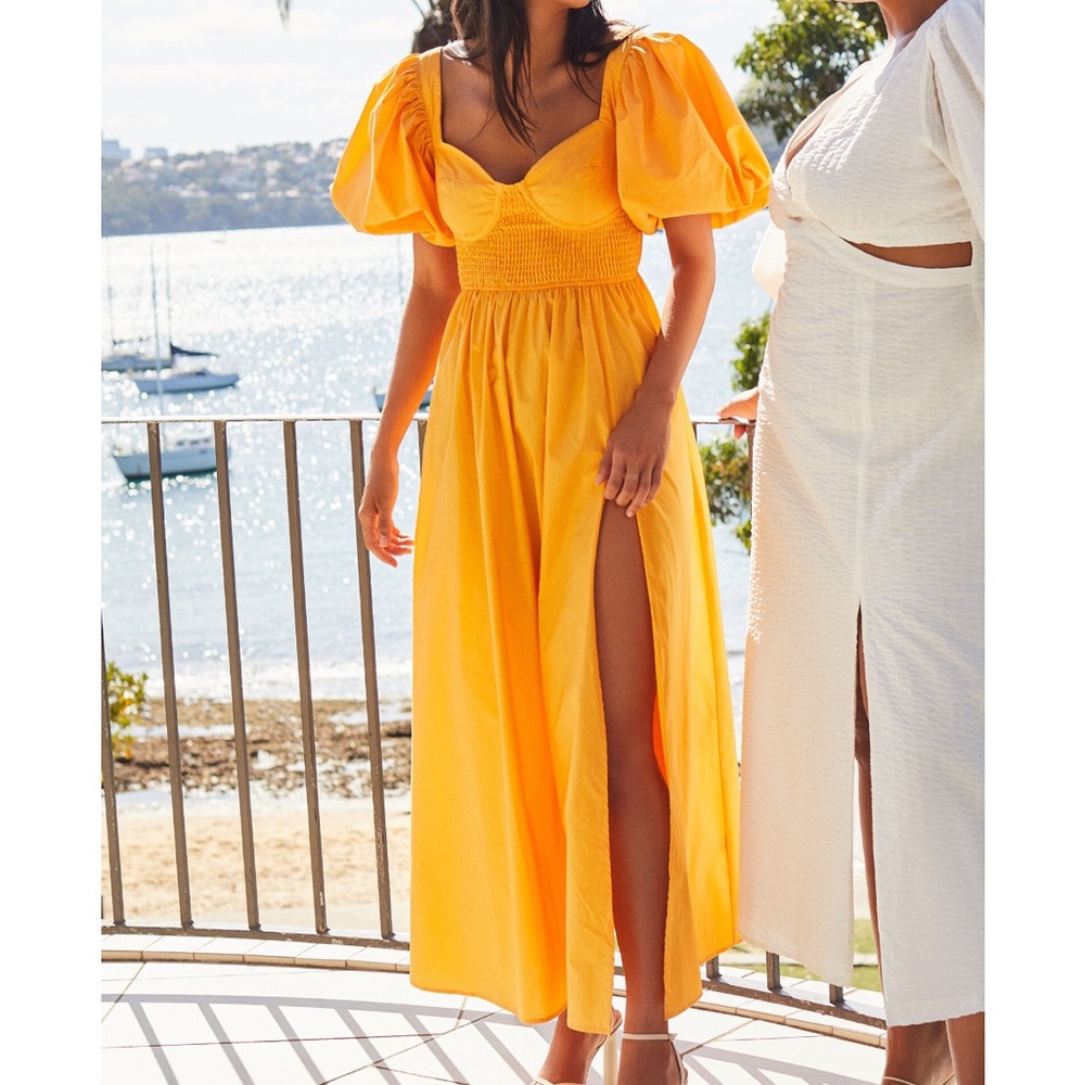 Showpo. Marigold dress with puff sleeves